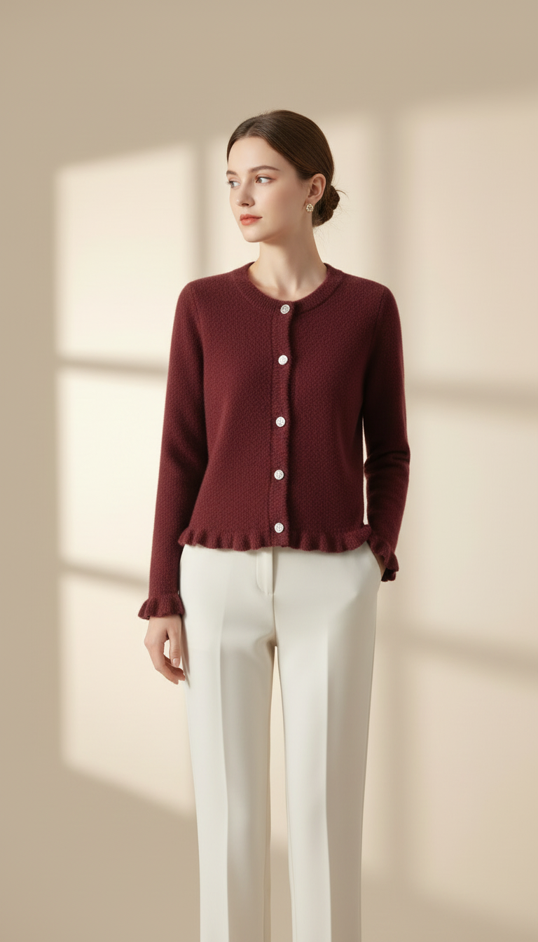 Cardigan en Maille Moelleuse à Volants | Boutons Bijoux