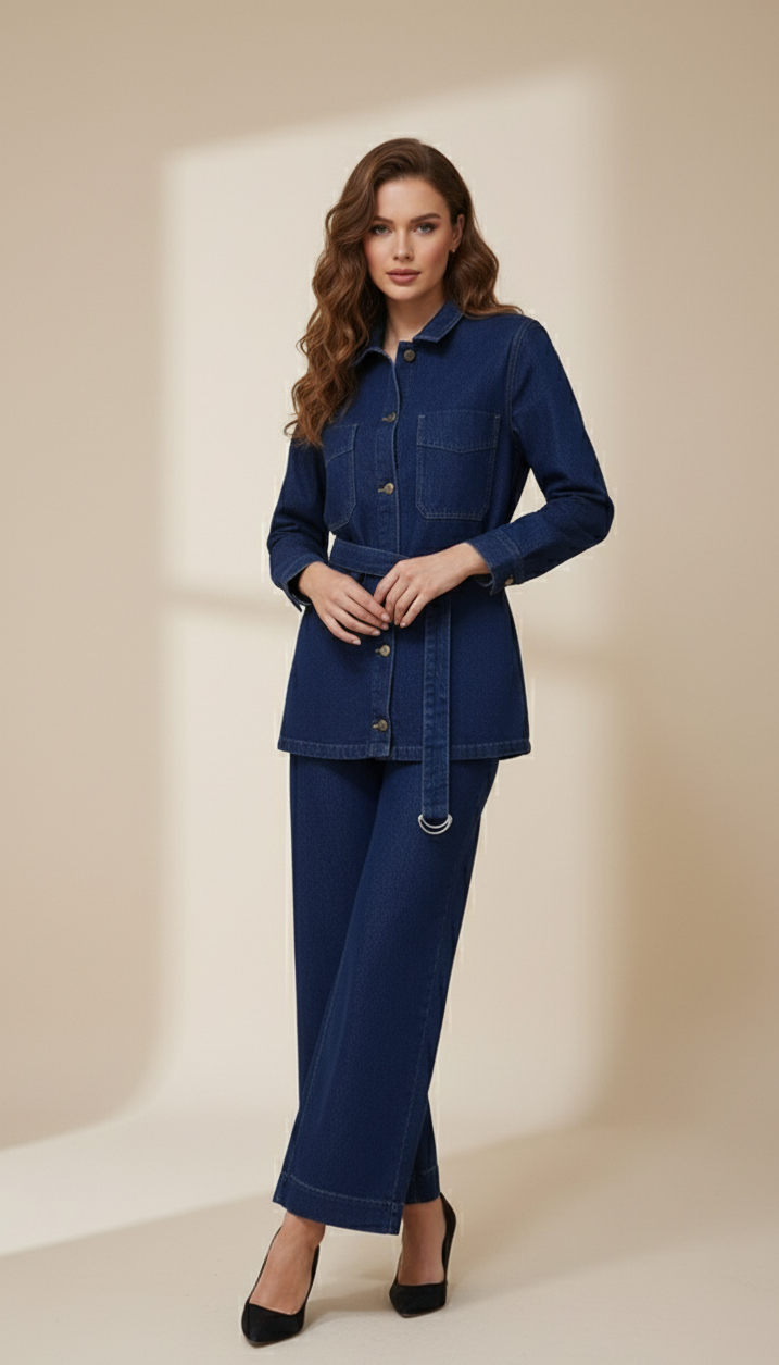 Ensemble en Jean | Veste Ceinturée Style Saharienne et Pantalon Large