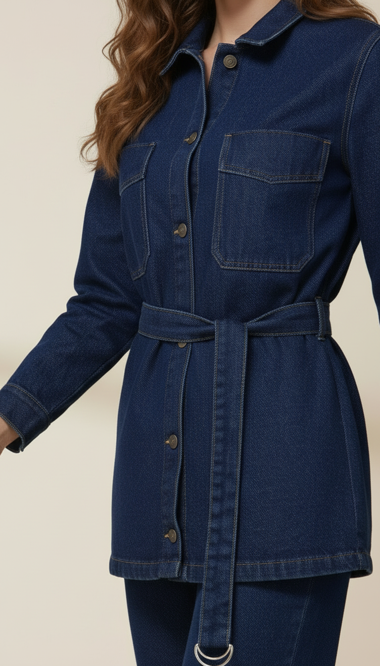 Ensemble en Jean | Veste Ceinturée Style Saharienne et Pantalon Large