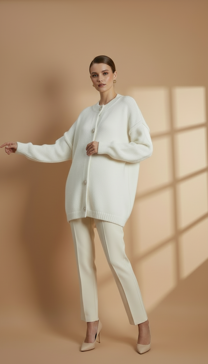 Cardigan Oversize en Maille Épaisse | Col Rond et Boutons Bijoux