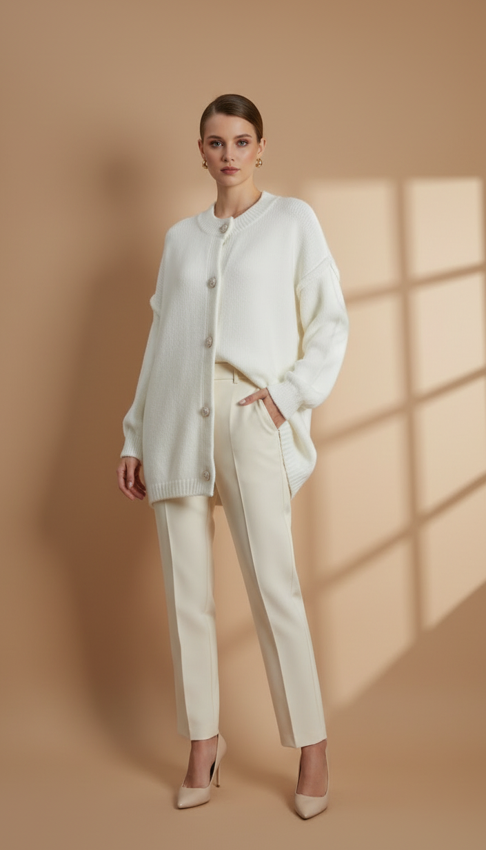 Cardigan Oversize en Maille Épaisse | Col Rond et Boutons Bijoux