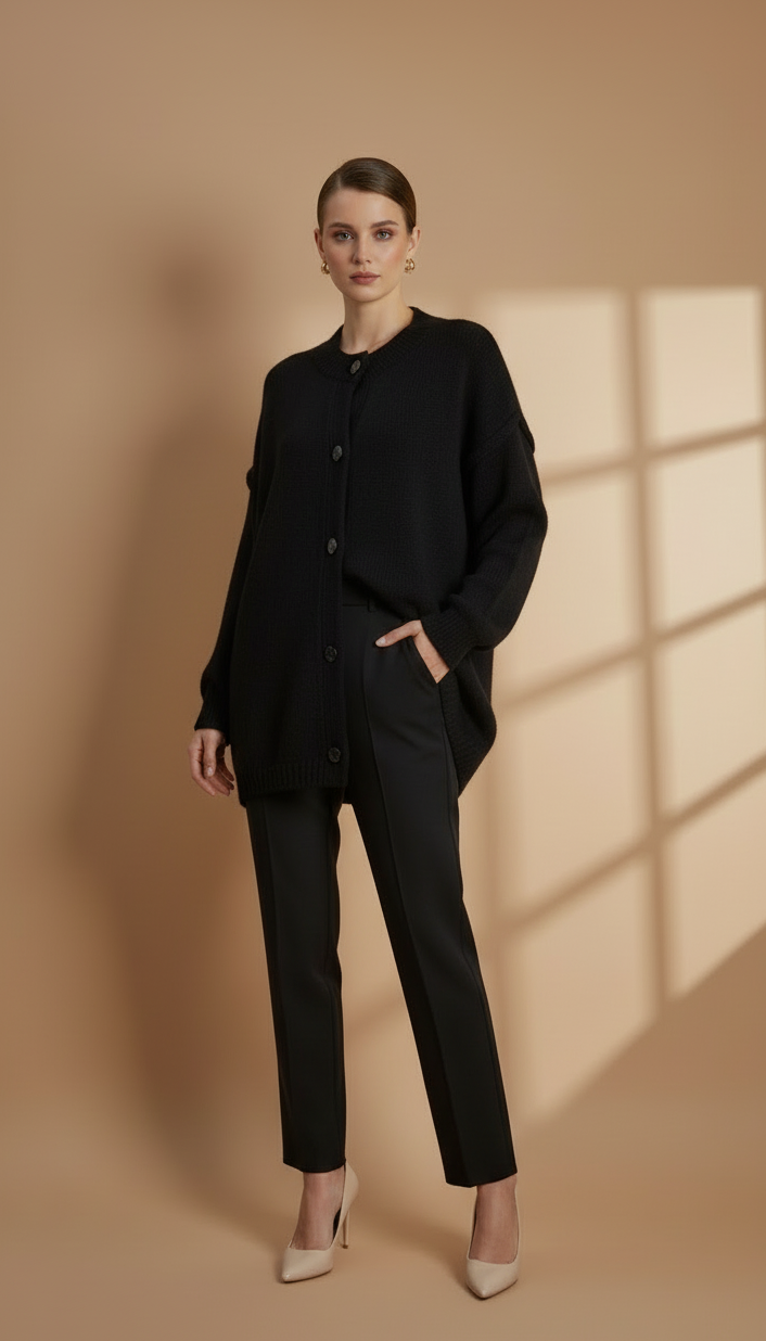 Cardigan Oversize en Maille Épaisse | Col Rond et Boutons Bijoux