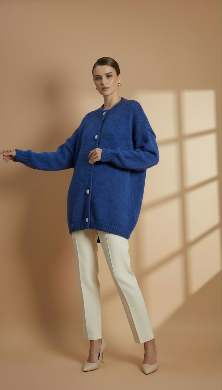 Cardigan Oversize en Maille Épaisse | Col Rond et Boutons Bijoux