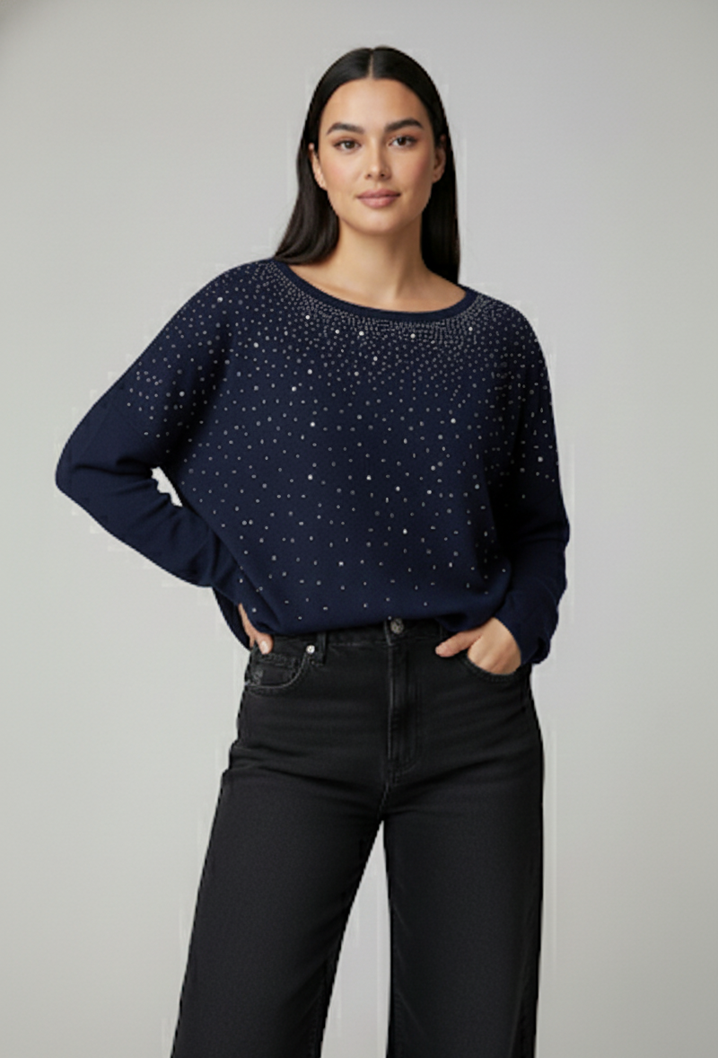 Pull en Maille Oversize | Décor Strass Scintillant au Col