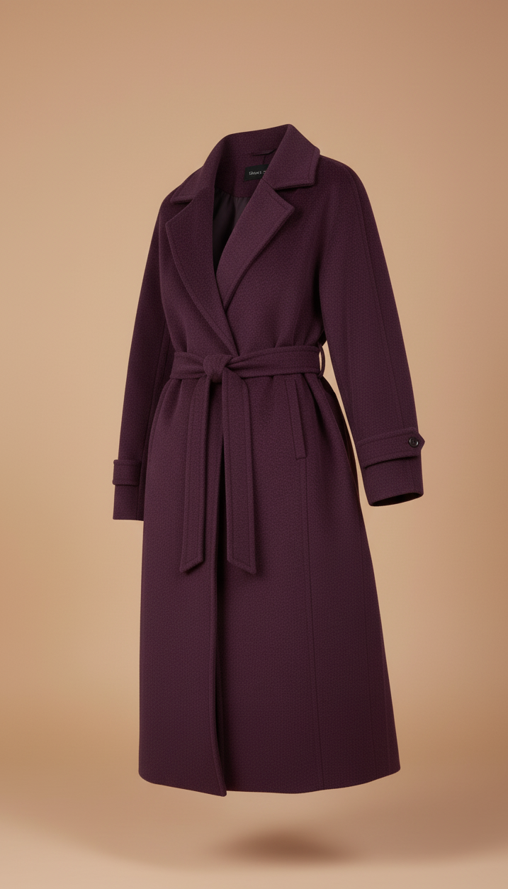 Manteau Long Ceinturé Couleur Aubergine | Coupe Structurée Chic