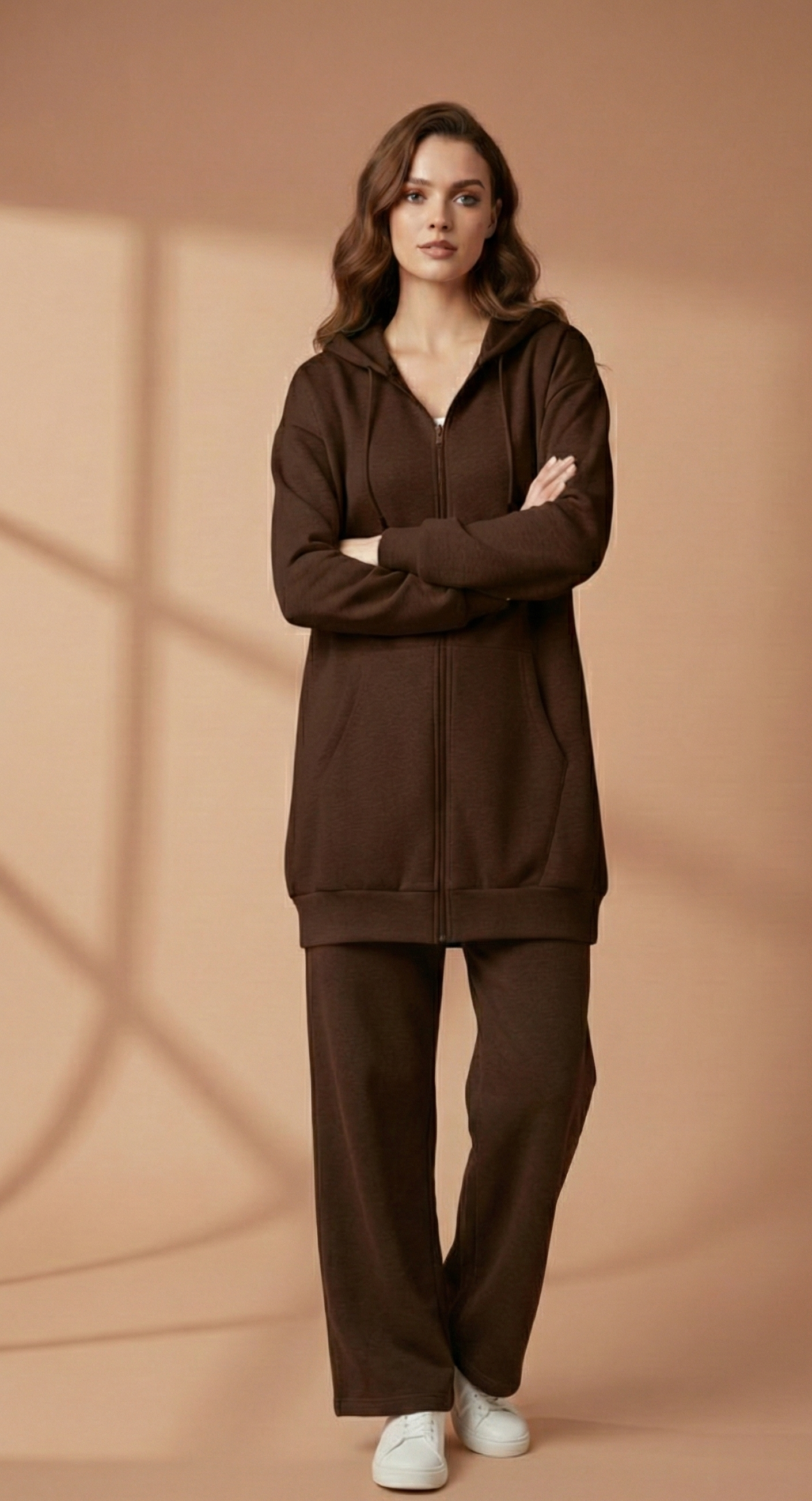 Ensemble Survêtement Marron Chocolat | Veste Zippée Longue et Pantalon Large