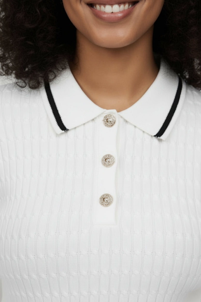 Pull Polo en Maille Côtelée | Manches Longues à Liseré Contrasté
