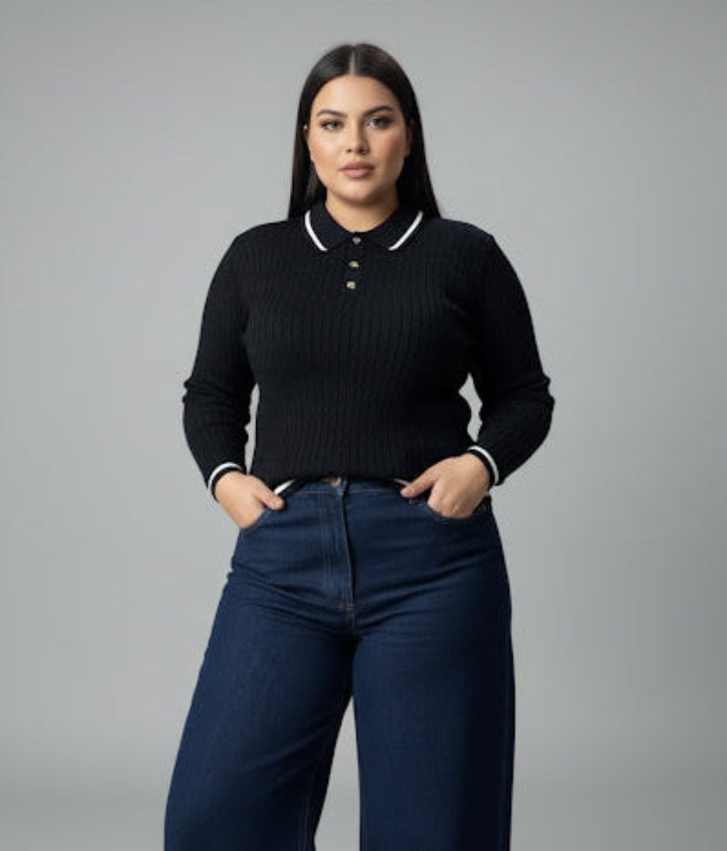 Pull Polo en Maille Côtelée | Manches Longues à Liseré Contrasté