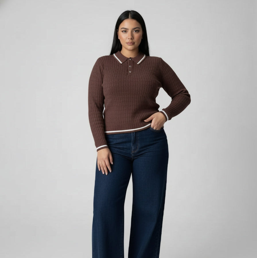 Pull Polo en Maille Côtelée | Manches Longues à Liseré Contrasté
