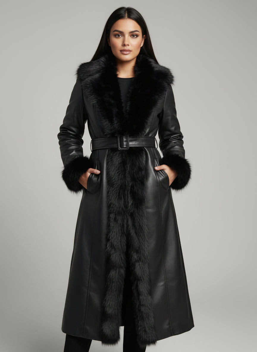 Manteau Long Cuir | Finitions Fausse Fourrure et Ceinture à Boucle