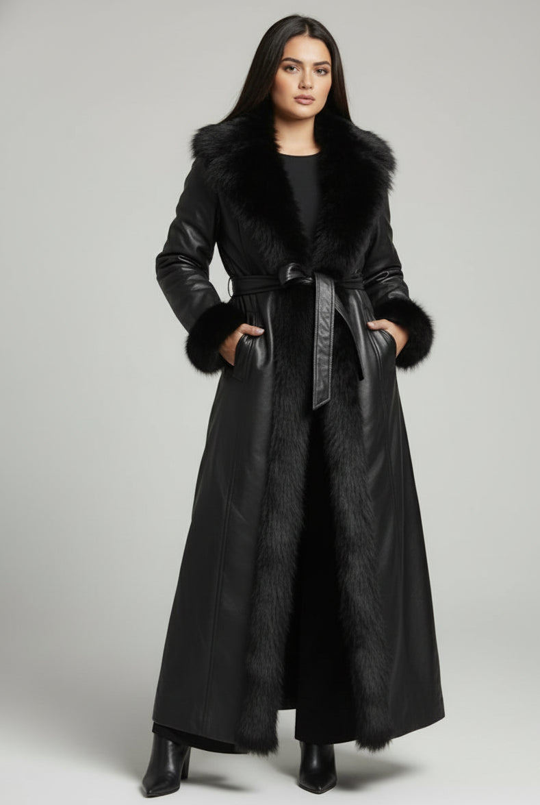 Manteau Long Cuir | Finitions Fausse Fourrure et Ceinture à Boucle