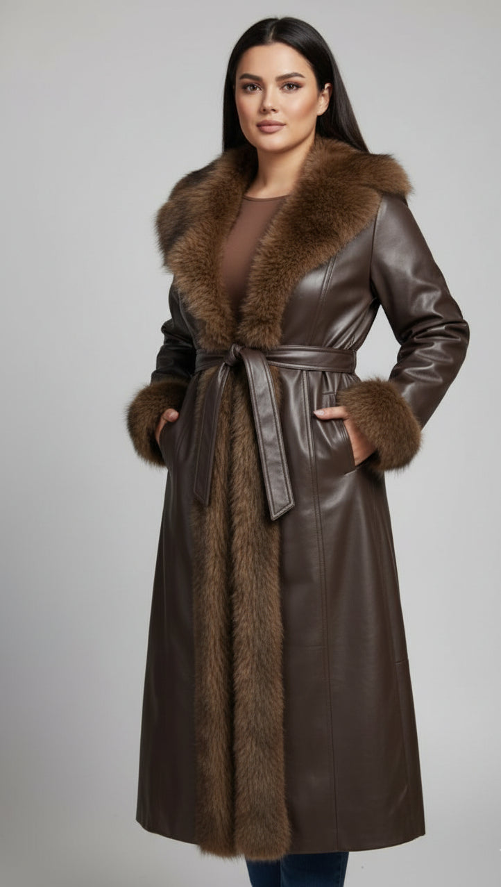 Manteau Long Cuir | Finitions Fausse Fourrure et Ceinture à Boucle
