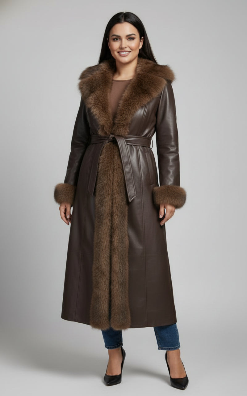 Manteau Long Cuir | Finitions Fausse Fourrure et Ceinture à Boucle
