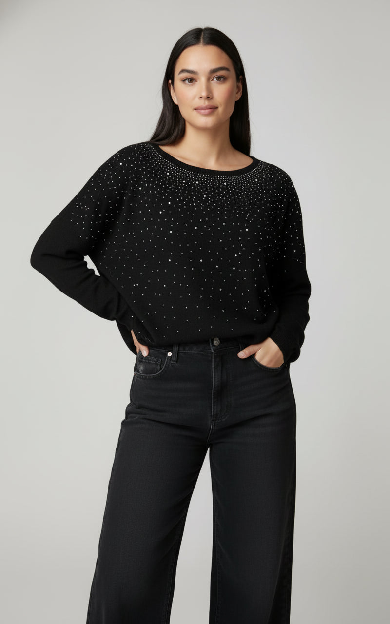 Pull en Maille Oversize | Décor Strass Scintillant au Col