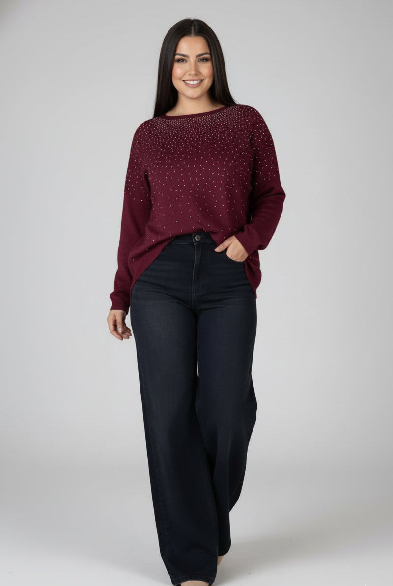 Pull en Maille Oversize | Décor Strass Scintillant au Col