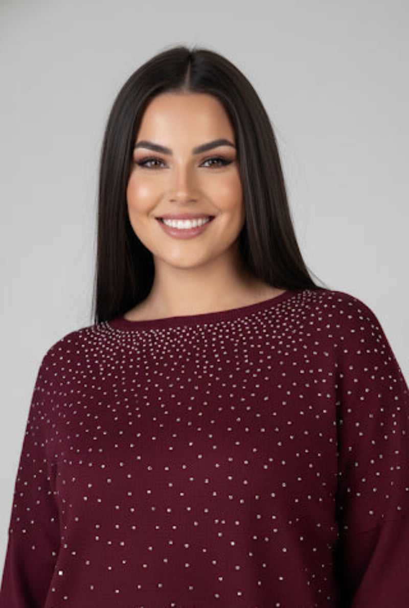 Pull en Maille Oversize | Décor Strass Scintillant au Col