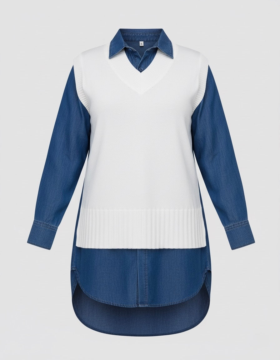Haut 2-en-1 Effet Superposé | Chemise en Jean et Gilet en Maille Sans Manches