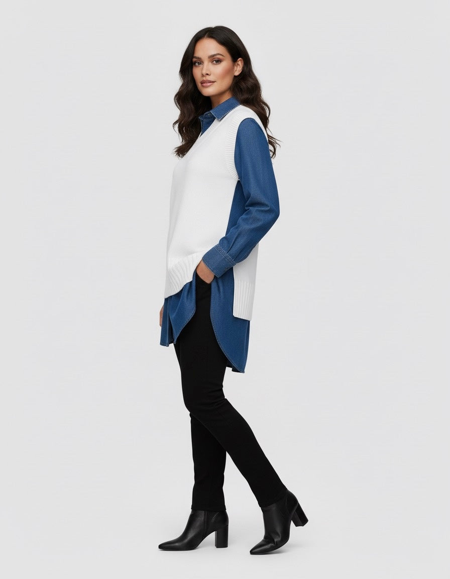 Haut 2-en-1 Effet Superposé | Chemise en Jean et Gilet en Maille Sans Manches