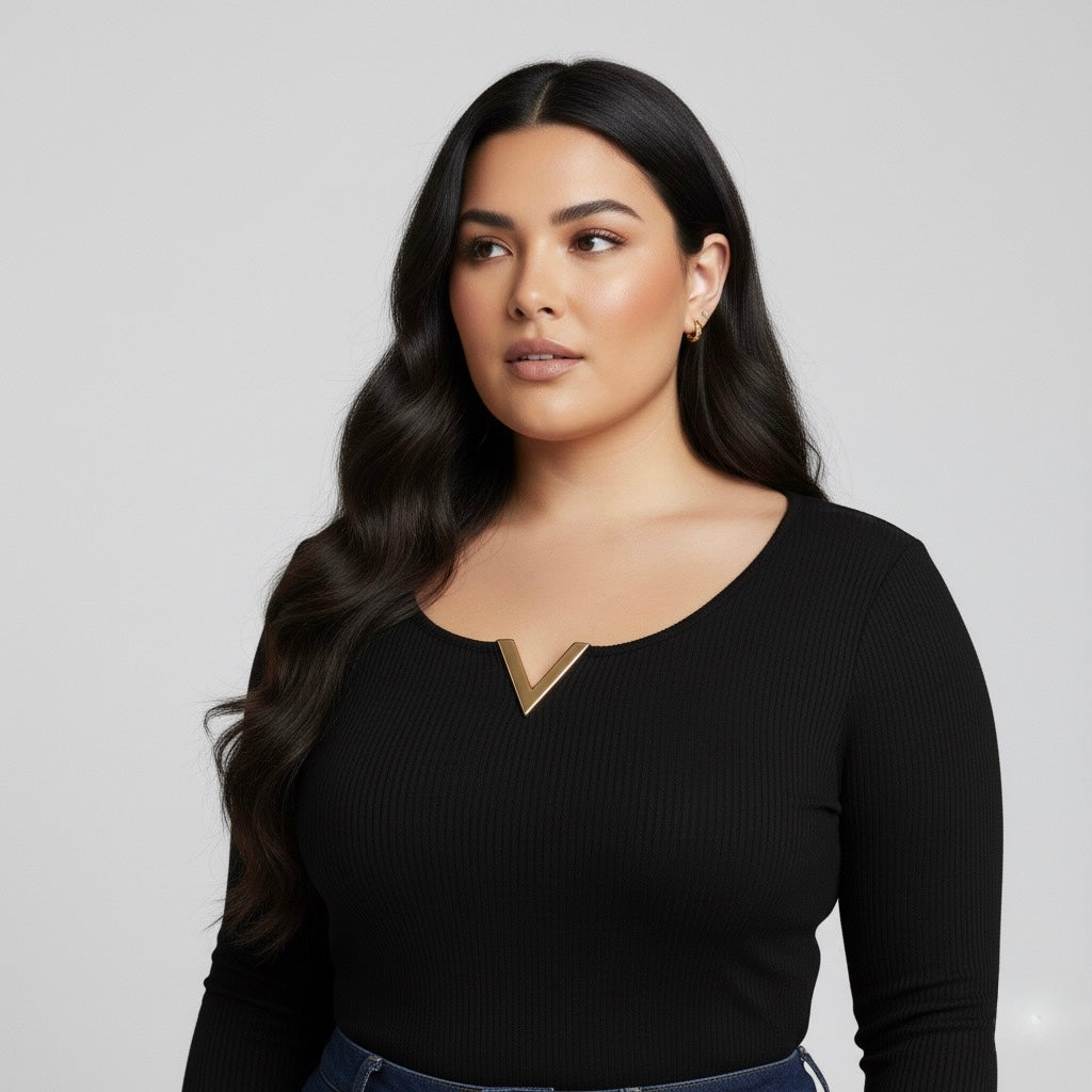 Body Col V Manches Longues | Applique Métallique Dorée