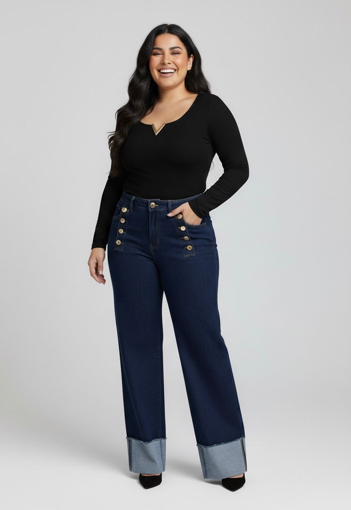 Jean Taille Haute Jambe Large | Style Marin à Boutons Dorés et Revers