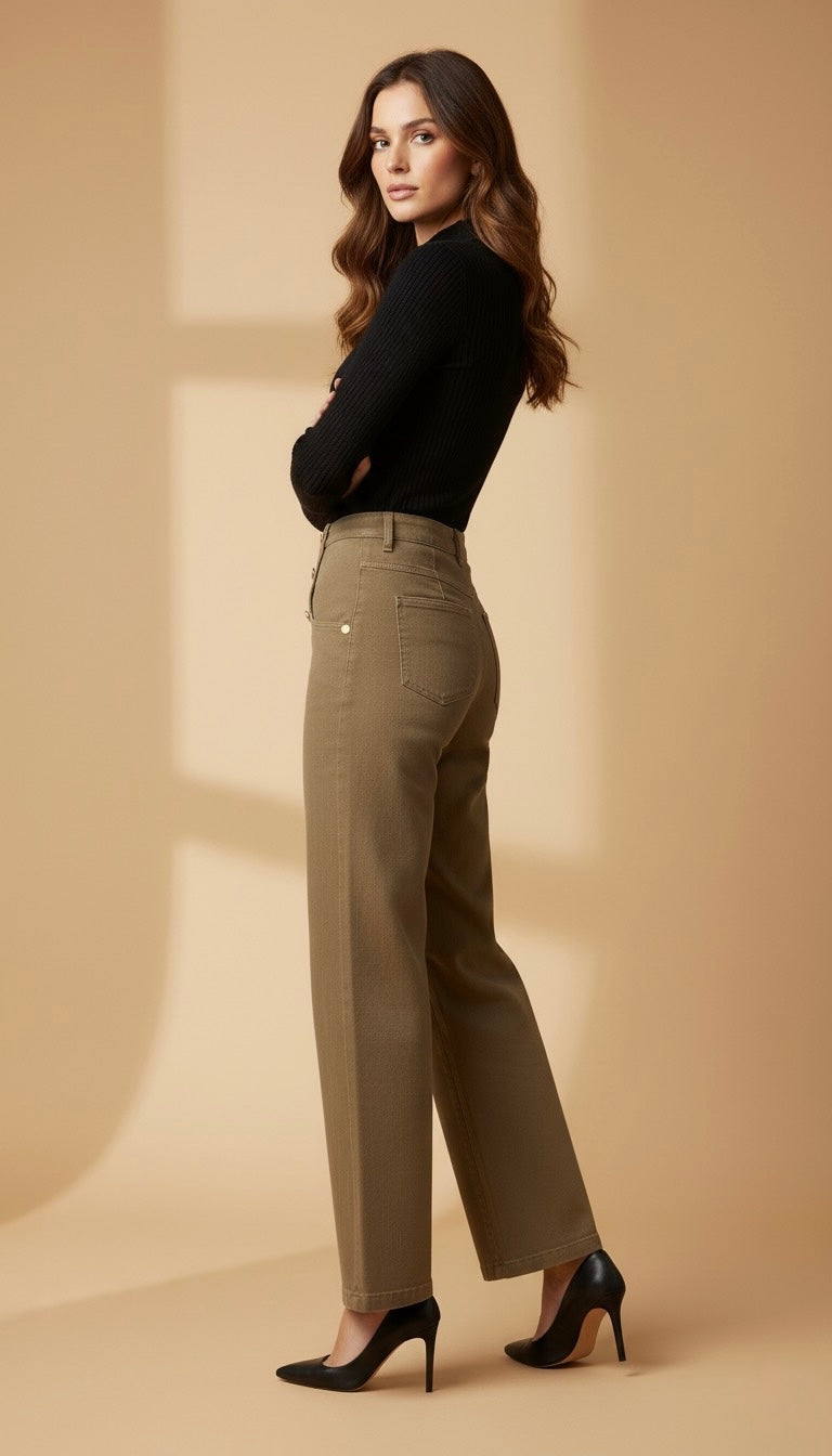 Mannequin vue de côté portant un pantalon large kaki taille haute à boutons dorés et un pull noir.