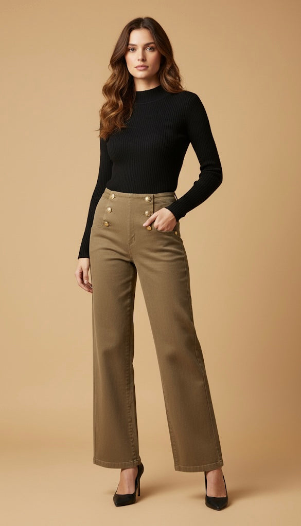 Mannequin portant un pantalon large kaki style marin et des escarpins noirs.