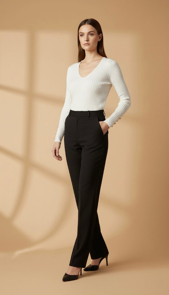 Mannequin portant un pull en maille côtelée écru à col V et un pantalon de tailleur noir.