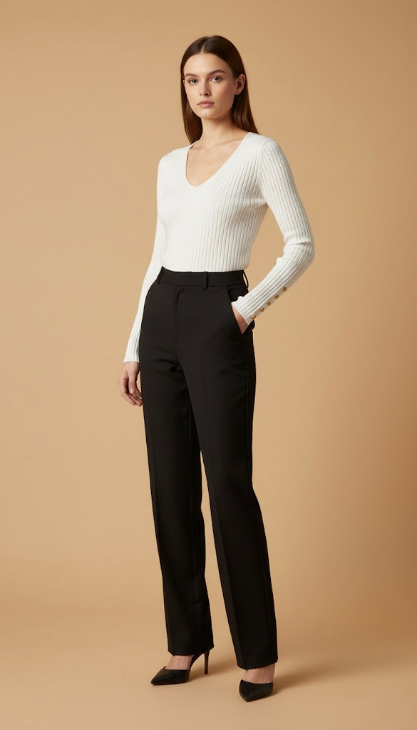 Vue trois-quarts d'un mannequin en pull écru col V et pantalon de costume noir, main dans la poche.