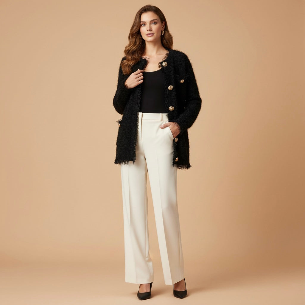 Mannequin portant un cardigan noir style bouclé ouvert sur un haut noir, avec un pantalon large taille haute crème.