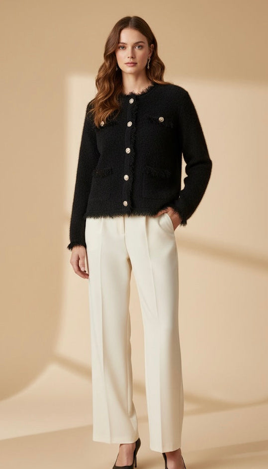Mannequin portant un cardigan noir style bouclé à boutons bijoux fermé, avec un pantalon large crème.