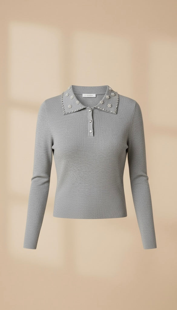 Polo en Maille Gris à Col Bijoux | Ornements Perles et Strass