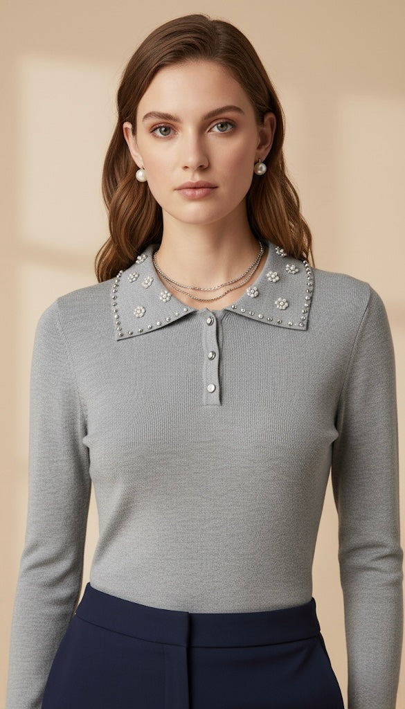 Polo en Maille Gris à Col Bijoux | Ornements Perles et Strass