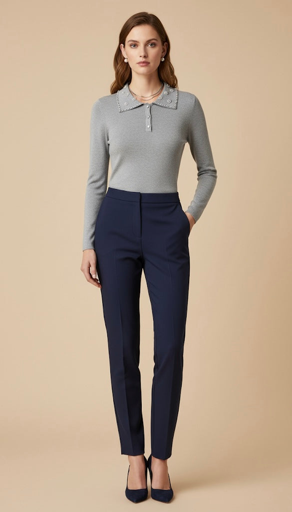 Polo en Maille Gris à Col Bijoux | Ornements Perles et Strass