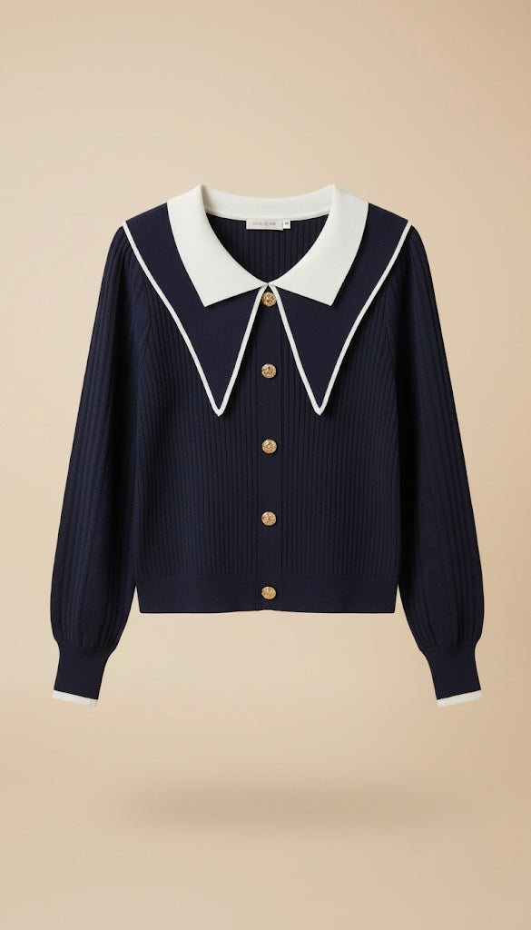 Cardigan en Maille à Col Marin Contrasté | Boutons Dorés
