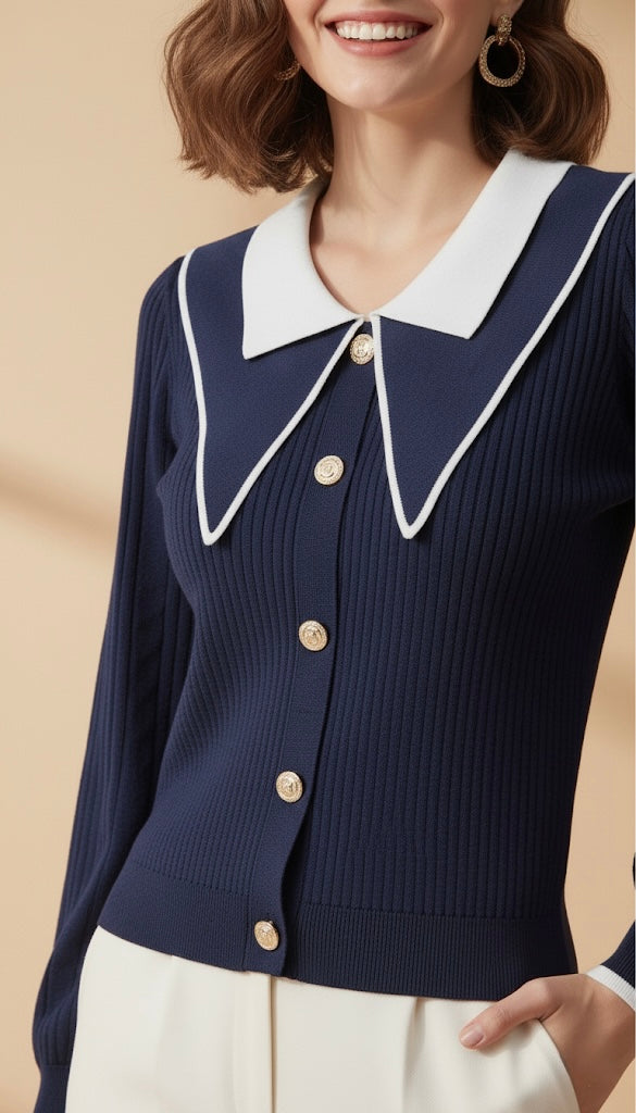 Cardigan en Maille à Col Marin Contrasté | Boutons Dorés