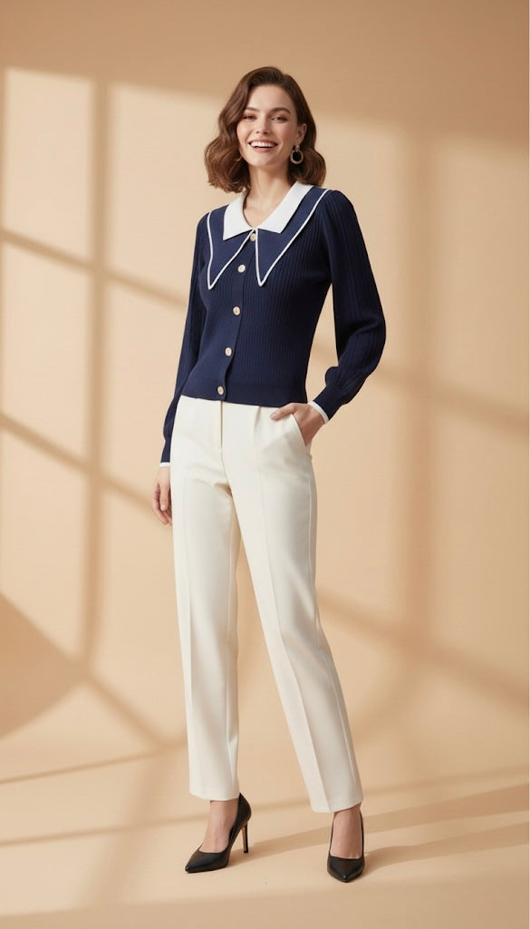 Cardigan en Maille à Col Marin Contrasté | Boutons Dorés