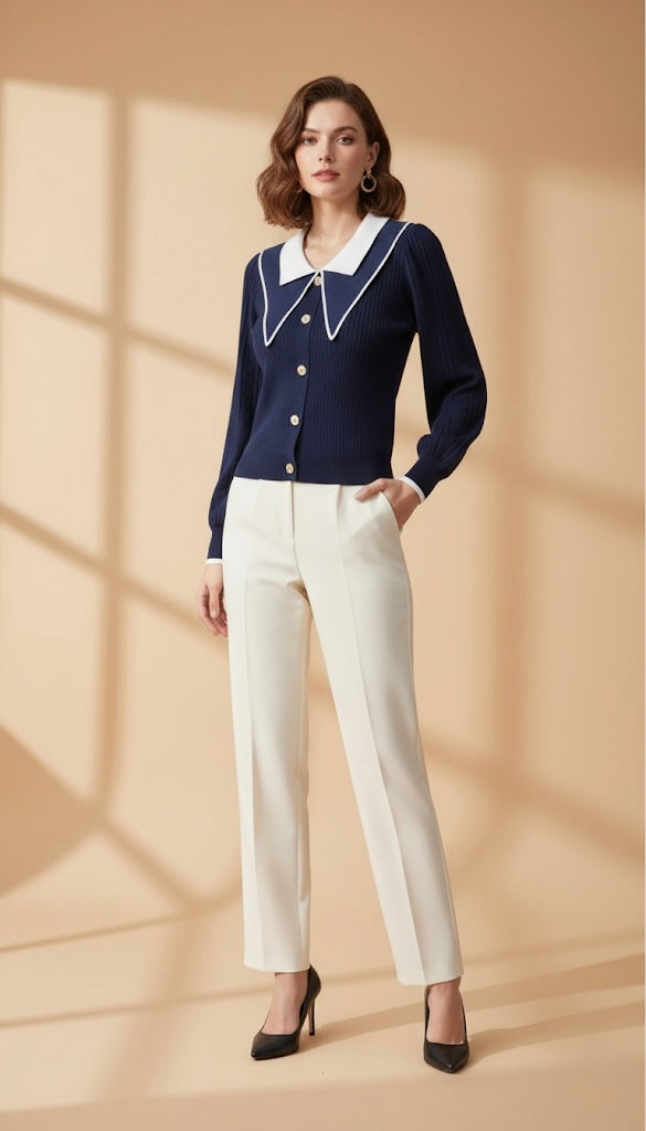 Cardigan en Maille à Col Marin Contrasté | Boutons Dorés