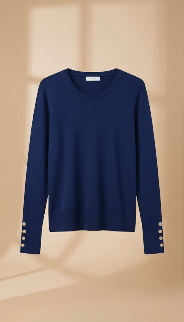 Pull en Maille Fine Col Rond | Détail Boutons aux Poignets