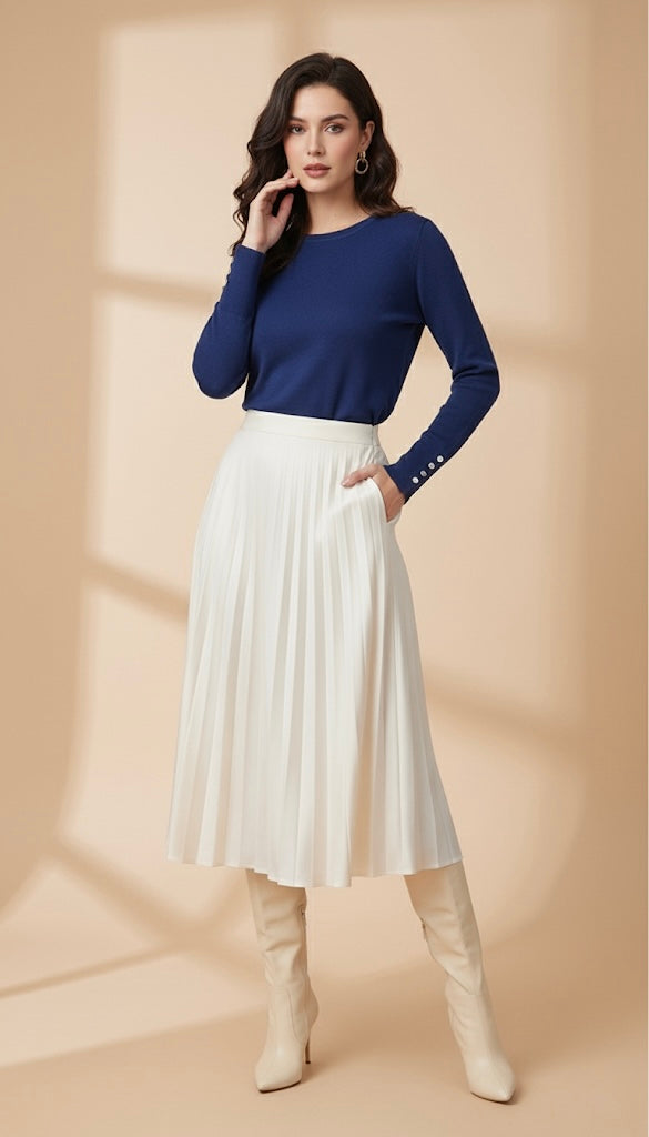 Pull en Maille Fine Col Rond | Détail Boutons aux Poignets