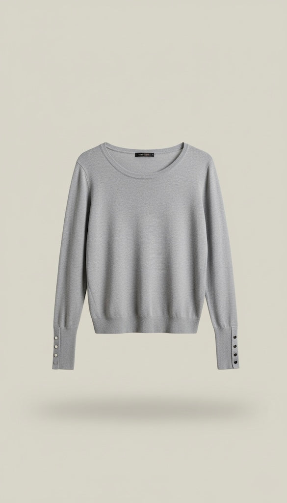 Pull en Maille Fine Col Rond | Détail Boutons aux Poignets