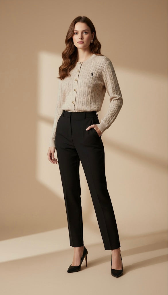 Cardigan Beige en Maille Torsadée | Col Rond et Logo Brodé