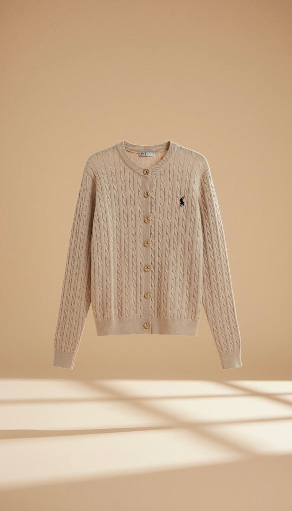 Cardigan Beige en Maille Torsadée | Col Rond et Logo Brodé