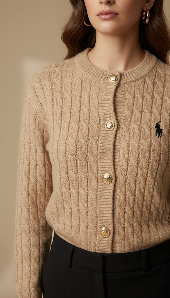 Cardigan Beige en Maille Torsadée | Col Rond et Logo Brodé