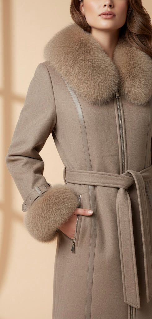 Manteau Ceinturé Beige Taupe | Col et Poignets en Fausse Fourrure