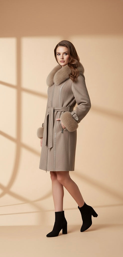 Manteau Ceinturé Beige Taupe | Col et Poignets en Fausse Fourrure