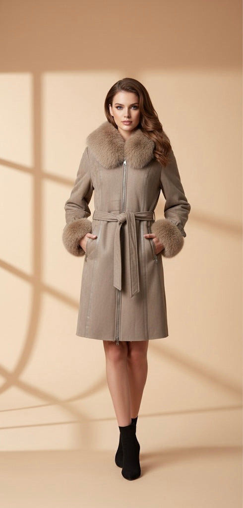 Manteau Ceinturé Beige Taupe | Col et Poignets en Fausse Fourrure