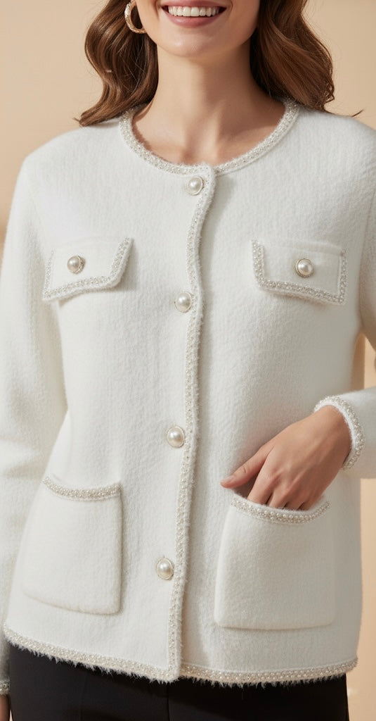 Cardigan Écru Style Tweed | Liseré Perles et Boutons Bijoux
