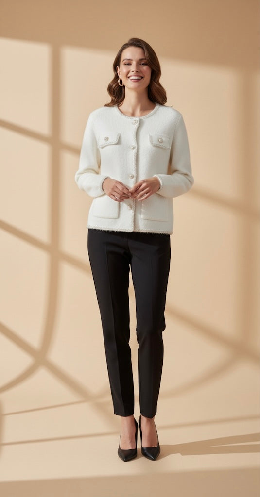 Cardigan Écru Style Tweed | Liseré Perles et Boutons Bijoux