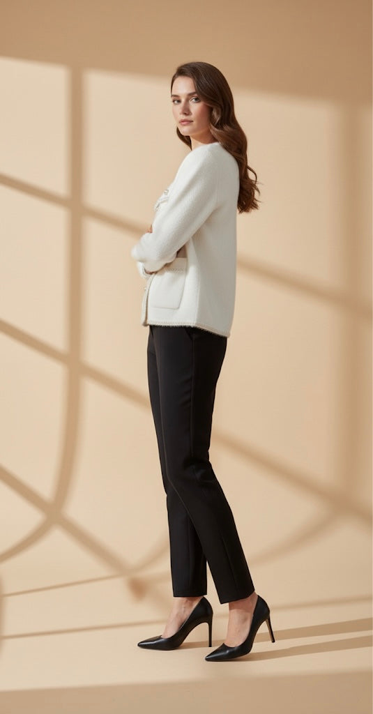 Cardigan Écru Style Tweed | Liseré Perles et Boutons Bijoux