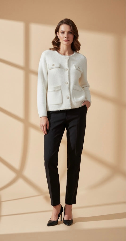 Cardigan Écru Style Tweed | Liseré Perles et Boutons Bijoux